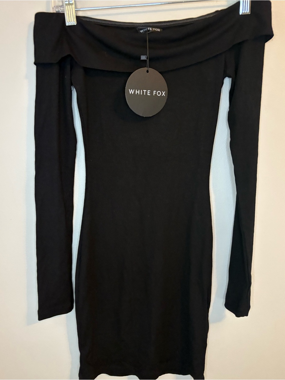 White Fox Nice And Clear Ribbed Off Shoulder Mini Dress Black XS NWT